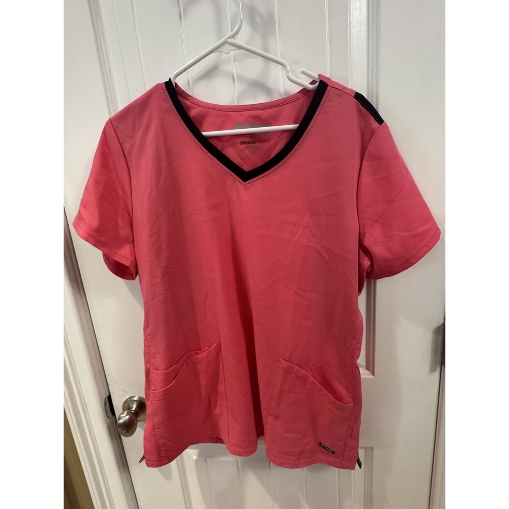 Grey's Anatomy by Barco Women's L Large Pink Black Spandex Stretch Scrub Top